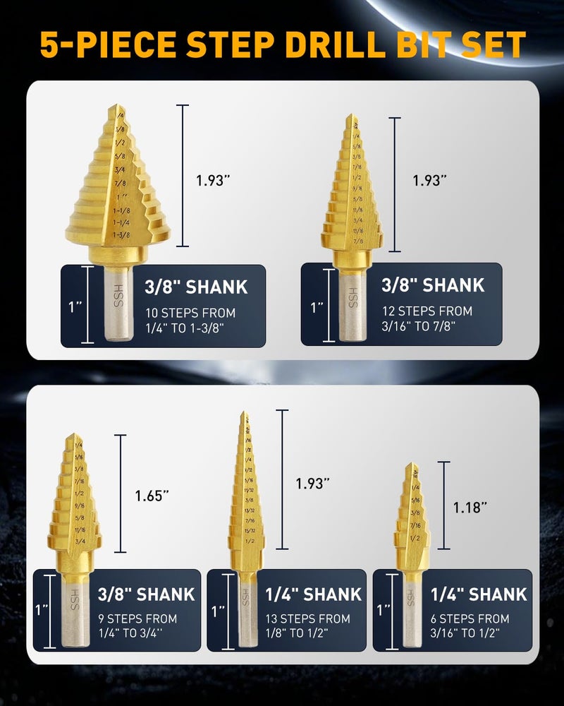 COMOWARE Step Drill Bit Set 5-Piece Titanium-Coated with Automatic Center Punch - Short Length, Double Cutting Blades, High-Speed Steel - Covering 50 Sizes, Complete with Aluminum Case - Image 3